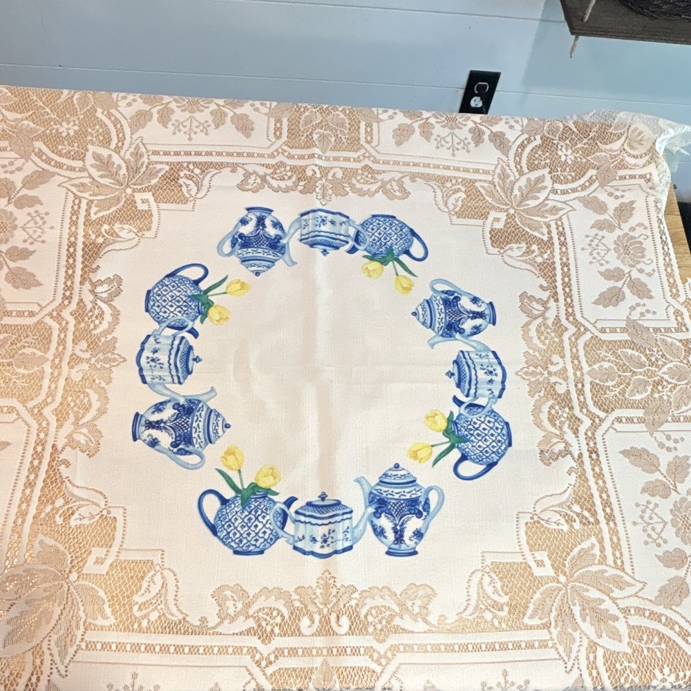 White Lace Trim Rectangular Tablecloth Floral Print with Blue Teapot